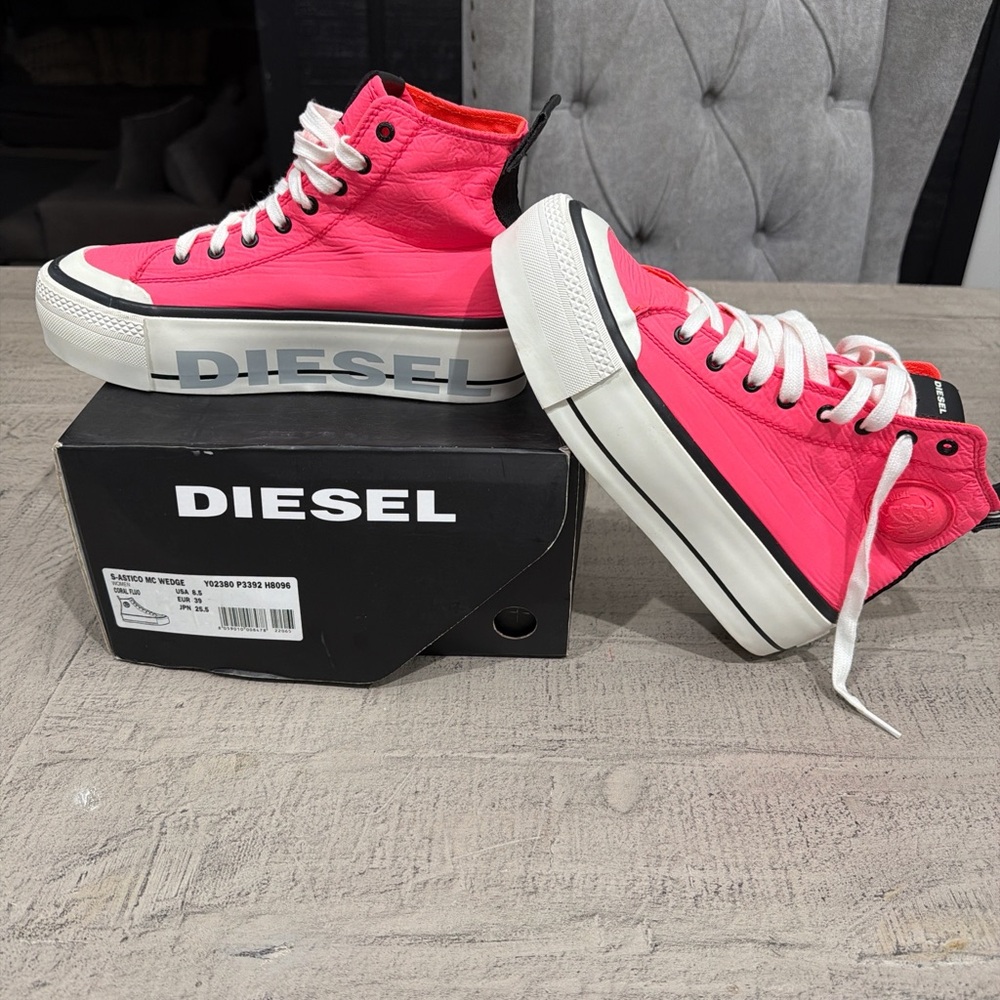 Diesel Hot Pink High-Top Platform Sneakers with White Laces